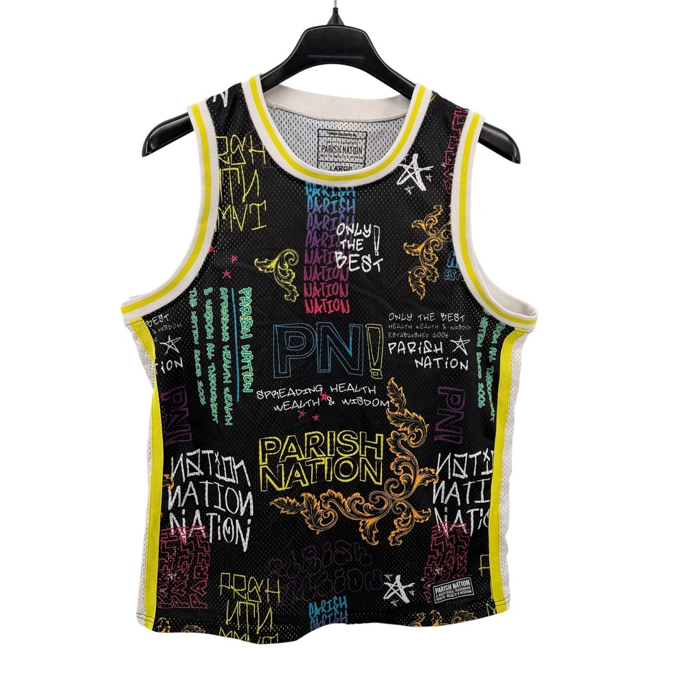 Parish Nation Mens Large Pre-Owned Mesh Basketball Jersey Health Wealth Wisdom